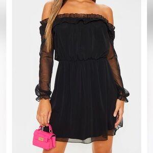 Prettylittlething black mesh Bardot skater dress
